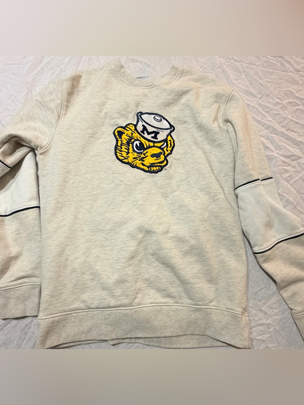 Champion Michigan Cream Crewneck Sweatshirt with Yellow Bear Patch